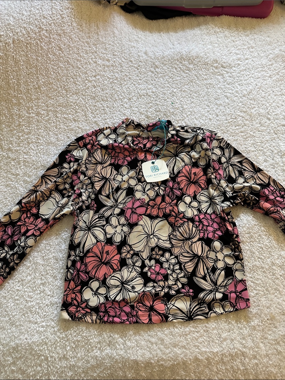 Tori Richard Black Floral Long Sleeve‎ Top with Pink & Cream Accents Scuba 70s M